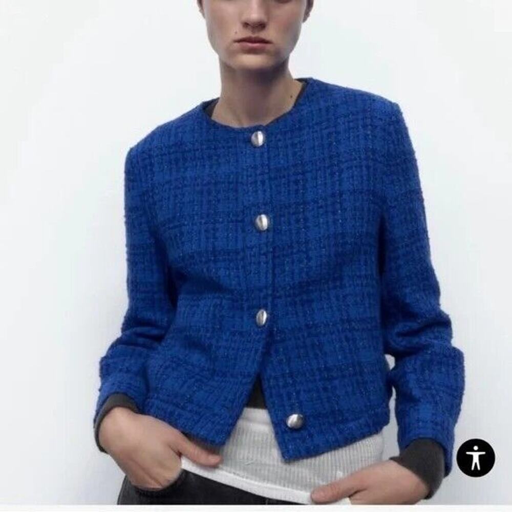 New ZARA Women's Tweed Blue and Black Jacket / Blazer with Metal Buttons Size M